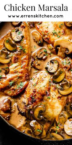 chicken marsala with mushrooms and parsley in a skillet