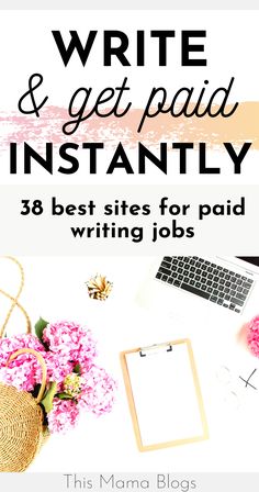 a desk with pink flowers and a laptop on it that says write & get paid instantly