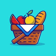 a basket filled with fruit on top of a blue background