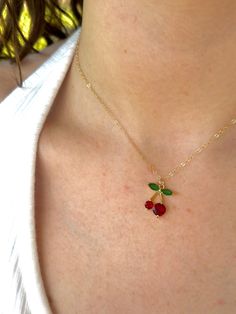 A cherry lovers summer staple!  This adorable double cherry pendant necklace is : - Handmade with love by a small business owner in OK - Made with high quality Gold filled chain, clasps, jump rings and extender.  - Water and sweat proof  - 100% Hypoallergenic  - Pckaged in a beautiful G&G satin bag  ----------------------------------- Cherry charm necklace, cherry gift, red cherry jewelry, waterproof cherry necklace, waterproof jewelry Red Cherry Print Jewelry For Gifts, Dainty Red Charm Necklace For Everyday, Cherry Pendant, Cherry Jewelry, Summer Necklaces, Cherry Charm, Cherry Necklace, Sweet Ring, Satin Bags