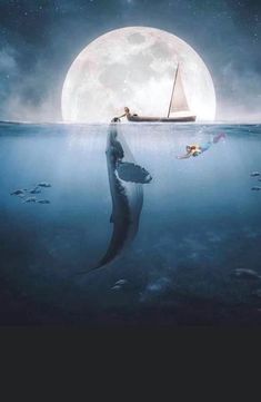 a manta ray swimming in the ocean under a full moon