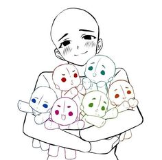 a drawing of a person holding several small dolls