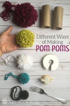 different types of pom poms on a table with text overlay that reads different ways of making pom poms