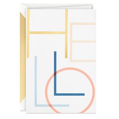 a white greeting card with gold foil and an abstract design on the front, featuring a circle