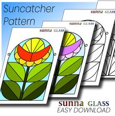 the sunflower stained glass pattern is shown in three different colors and sizes, including one with