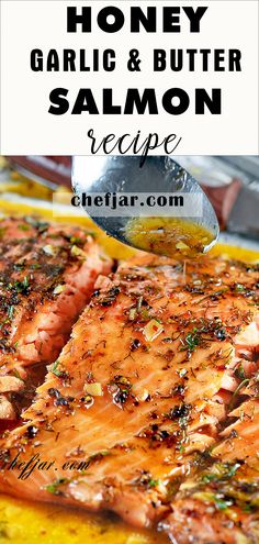 honey garlic and butter salmon recipe with text overlay