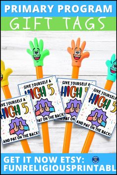 four children's handprinted pencils with the words give yourself hugs on them