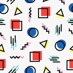 an abstract pattern with geometric shapes and lines on a white background in blue, red, yellow, and pink