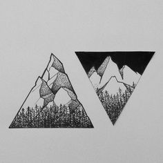 two triangles with mountains in the middle and trees at the bottom, one is black and white