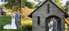 a bride and groom standing in front of an old church