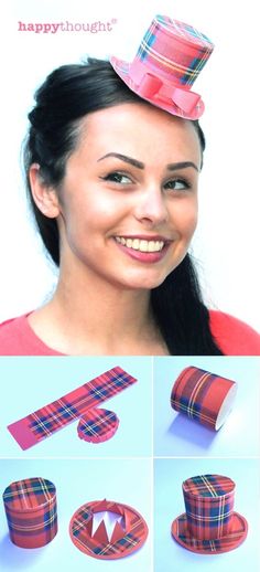 a woman wearing a red plaid hat and matching necktie is shown in four different photos