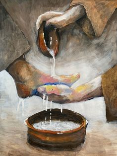 an oil painting of a person washing their hands with water from a bowl in front of them