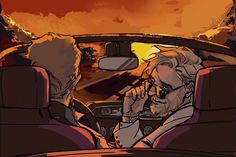 two people sitting in the back seat of a car talking on their cell phones as the sun goes down