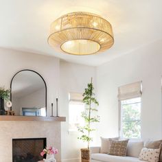 a living room filled with furniture and a fire place in front of a mirror on the wall