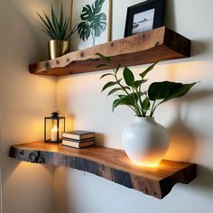 Wood Decoration Ideas, Wood Shelfs, Design Floating Shelves, Thick Floating Shelves, Branch Shelves, Mounted Bookshelves, Walnut Floating Shelves, Floating Shelf Decor, Rustic Wooden Shelves