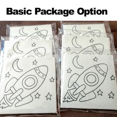 three bags with drawings on them and the words basic package options written in black ink