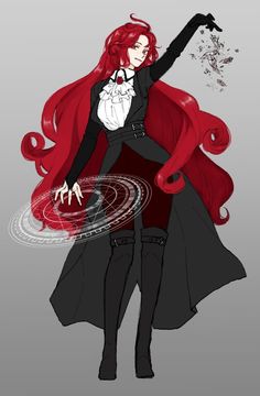 an anime character with red hair and black clothes