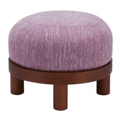 the foot stool is made out of wood and has a purple fabric cover on it