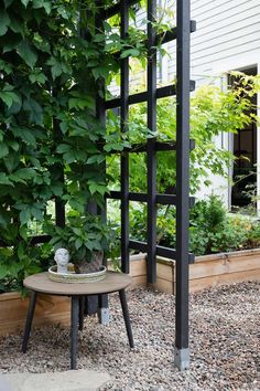 a small table with a potted plant on it in front of a trellis