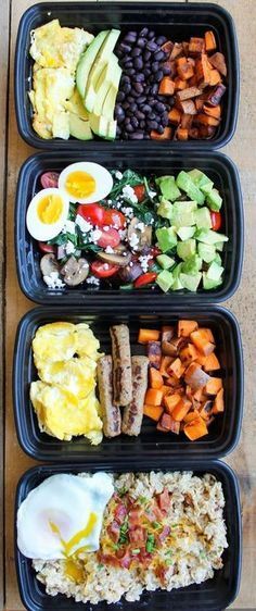 three plastic containers filled with different types of food