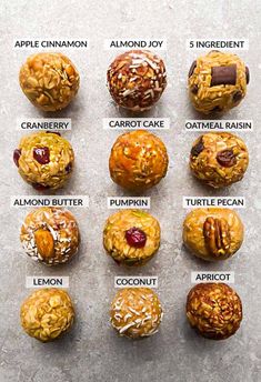 the different types of baked goods are labeled in this chart, which includes almonds, cranberry, carrot cake, and apple pie