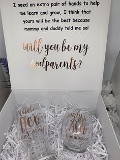 two personalized wine glasses in a gift box with the words will you be my co - parents?