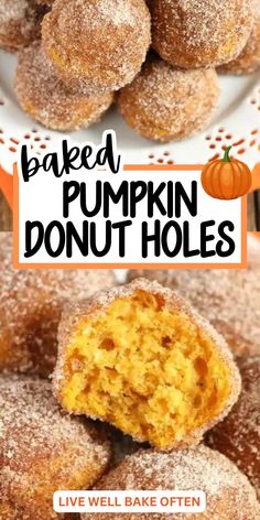 baked pumpkin donut holes on a white plate with the words baked pumpkin donuts above them