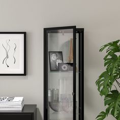 a black cabinet with glass doors next to a potted plant and pictures on the wall