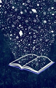 an open book flying through the air with stars and bubbles floating around it art print