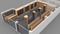 a 3d rendering of a library with bookshelves and desks in the center