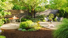 two chairs and a dog are in the middle of a garden area with trees, shrubs, and shrubbery