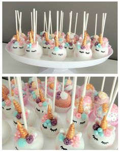 there are many cupcakes with unicorn decorations on them