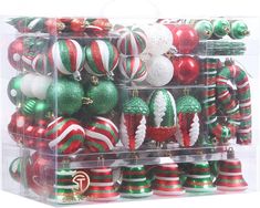 a clear box filled with lots of christmas ornaments