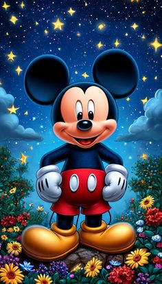 mickey mouse is standing in the grass with flowers and stars behind him, looking at the sky