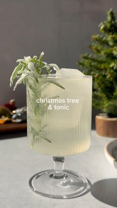 a christmas tree and tonic drink sitting on a table