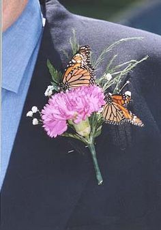 a man in a suit and tie holding a pink flower with two butterflies on it