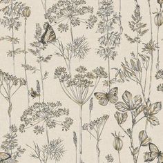 a wallpaper with various flowers and butterflies on the back ground, all in beige