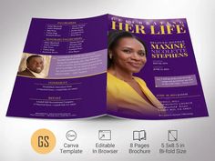 Purple Funeral Program Template, Canva, Purple Bokeh & Gold, Magazine Style, Celebration of Life, Wo Memories With Friends, Gold Decal, Style Magazine, Scripture Verses, Celebration Of Life