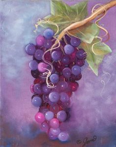 a painting of grapes hanging from a vine with green leaves and purple sky in the background