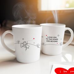 BoldLoft Love You to the Stars and Beyond Couple Coffee Mugs feature 2 cute stick figures and a love quote.