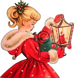 an old fashioned christmas card with a girl holding a lantern