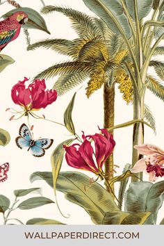 an illustration of tropical flowers and butterflies on a white background with pink, red, yellow and green leaves