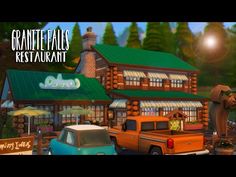 an animated image of a restaurant with cars parked in front of it and a bear statue