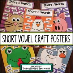 short word craft posters with pictures of animals