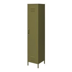 a tall metal locker sitting on top of a white floor