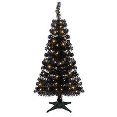 a black christmas tree with lights on it