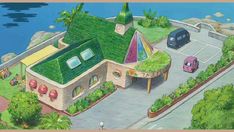 an artist's rendering of a green roofed building with cars parked in the driveway