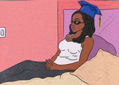 a drawing of a woman laying in bed with a graduation cap on her head