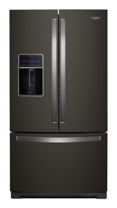 a black refrigerator freezer with the door open and water dispenser on it