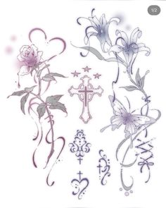 some tattoos with flowers and crosses on them